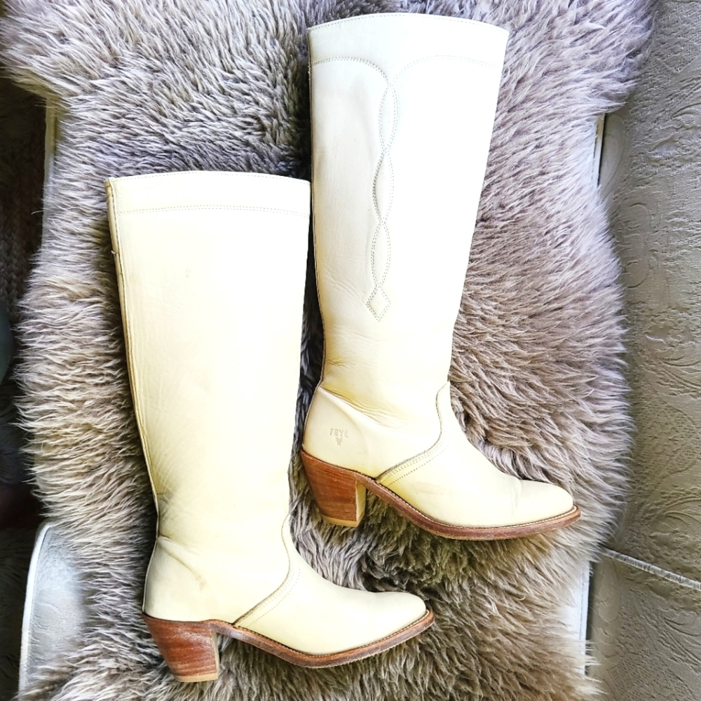 Frye Tall Heeled Cream Cowboy Boot, 5.5